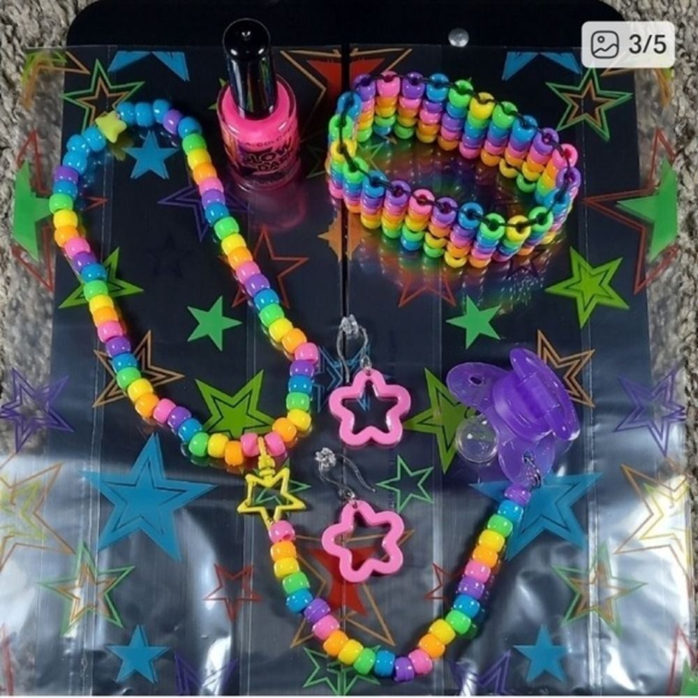 Rave 6pc Rainbow choker binky & cord earrings cuff (kandi Runtz) - Picture 7 of 11